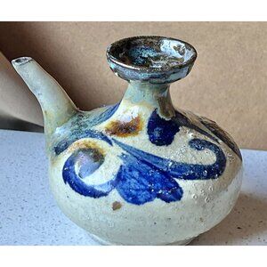 Saki Ceramic Pitcher Blue & Brown Swirl Design Hand Thrown Oil Vinegar Gift VTG